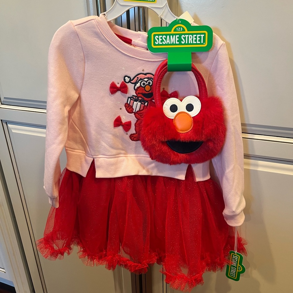 Sesame Street Elmo Kids - Pink and Red Christmas Dress with Purse
